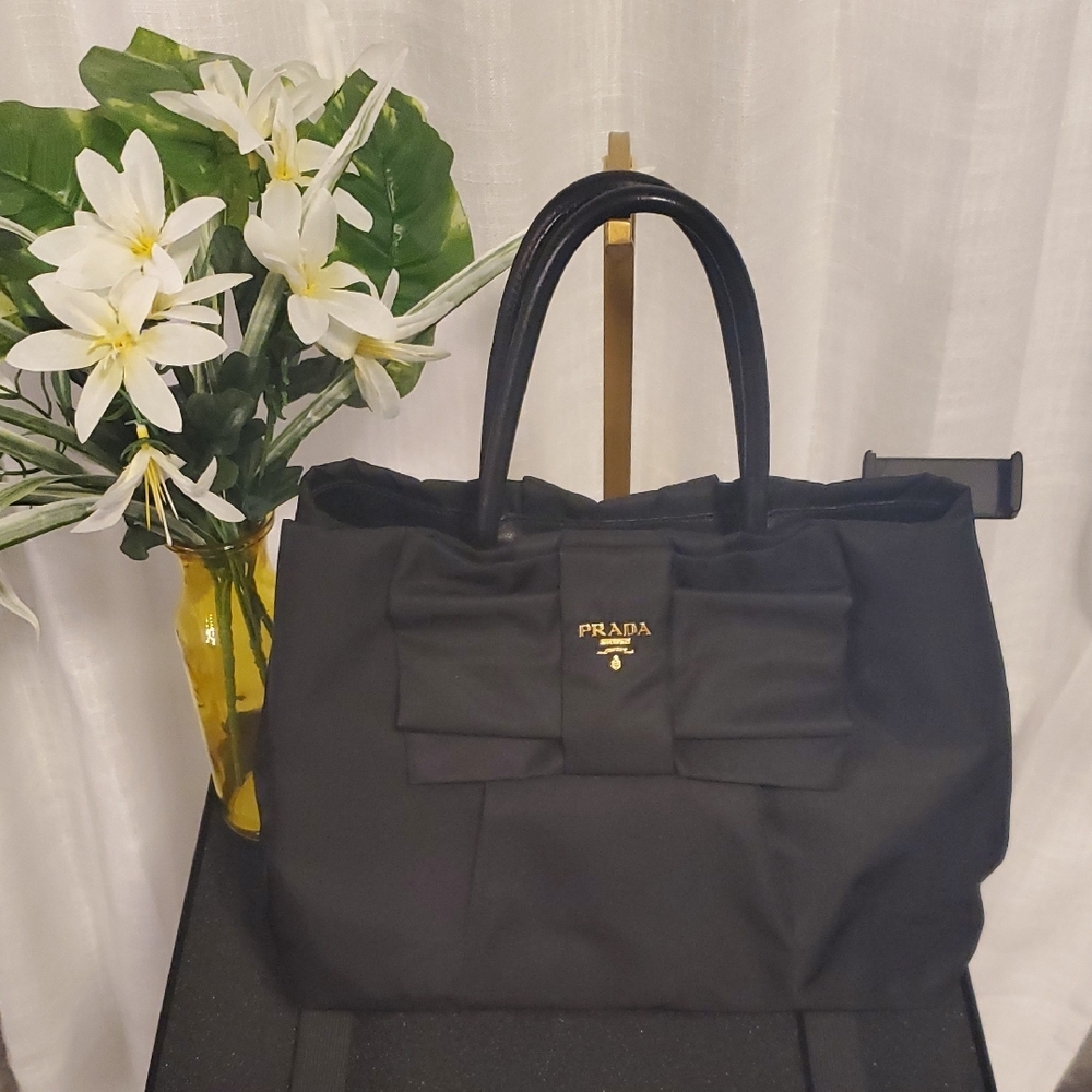 P8-Prada Nylon Bow Tote Bag - Black